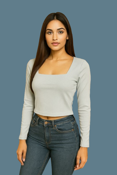 Korean Style Square Neck Crop Top for Women – Full Sleeve